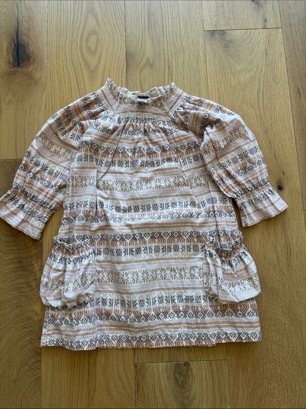 Tea Collection Pink and Cream Patterned Long Sleeve Kids Dress